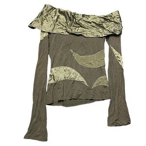 VTG Y2K Bebe Off Shoulder Top Made in
USA Olive Green Satin Appliqué Bell Sleeve